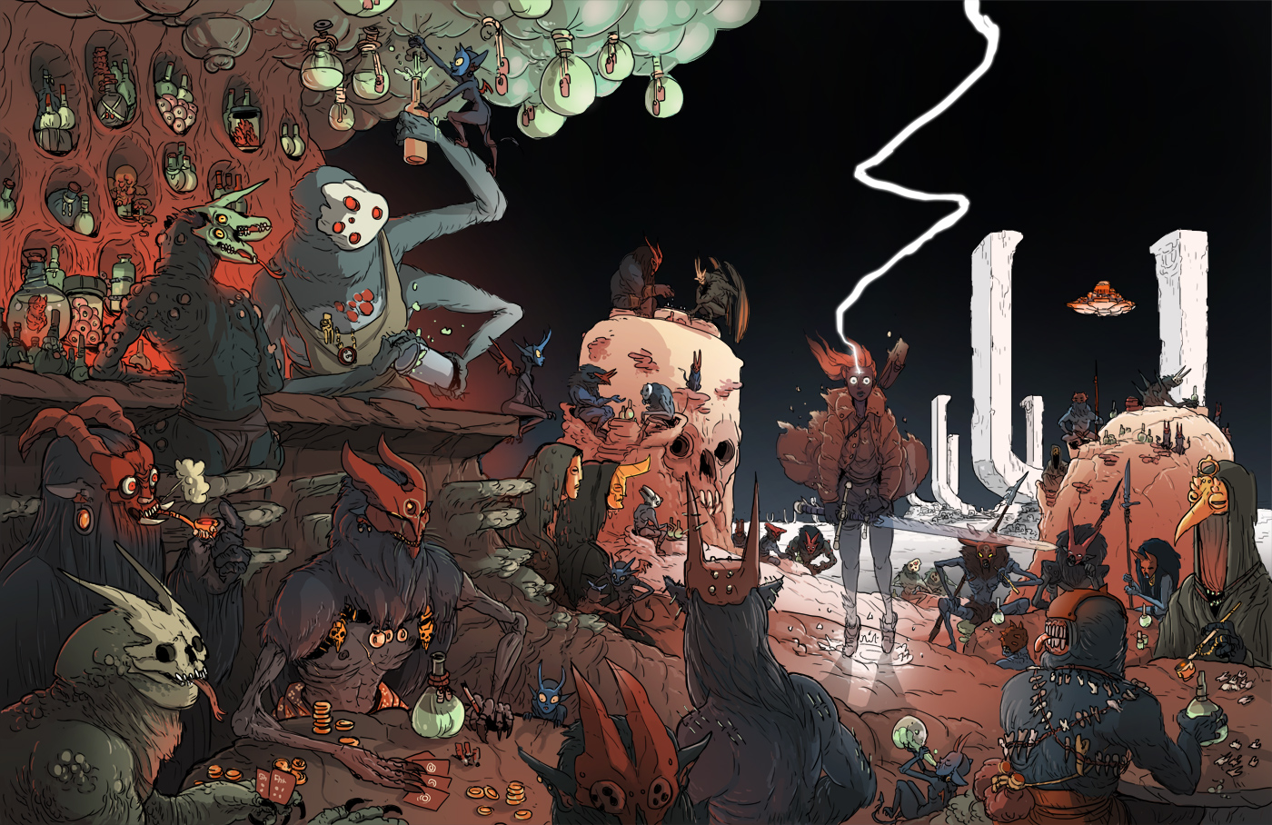 Art from KSBD, showing devils of various shapes at an open air bar in a wasteland. They have horns, lots of eyes, lots of limbs, etc. A translucent woman with an arc of light coming from her forehead approaches.